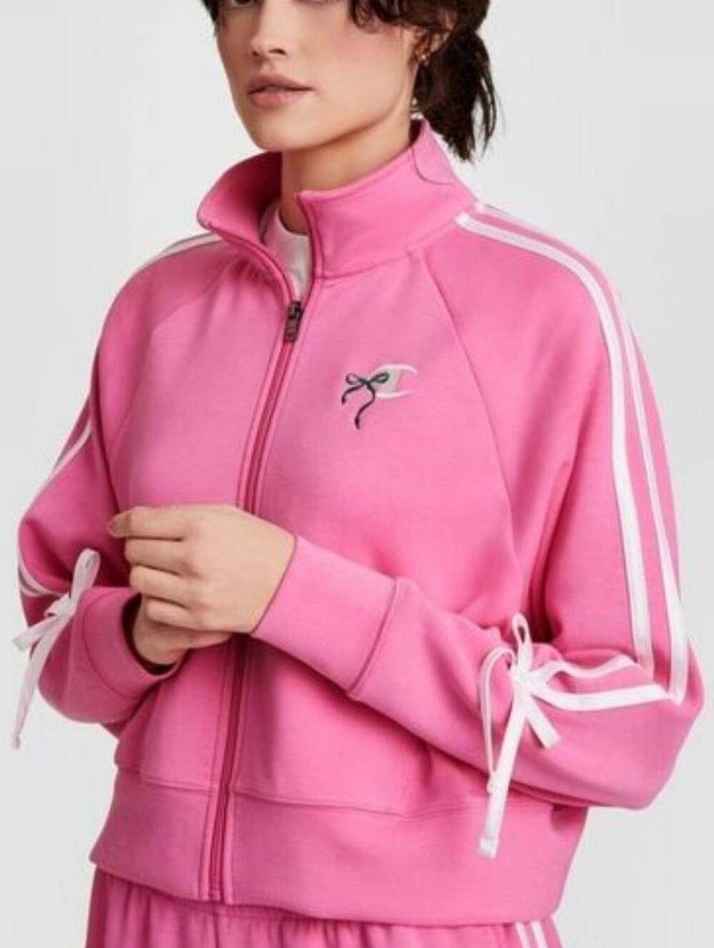 NWT Champion Pink Track Jacket with White Stripe Bow Accents